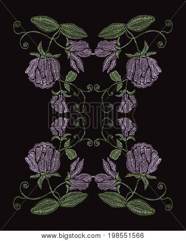 Elegant hand drawn decoration with sweet pea flowers in embroidery style design element. Can be used for fashion ornaments fabrics manufacturing clothing design