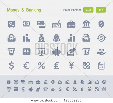 Money & Banking | Granite Icons - 28 professional pixel-perfect vector icons designed on a 32x32 pixel grid and redesigned on a 16x16 pixel grid for very small sizes. Money, finance and banking concepts.