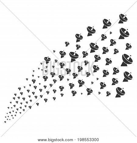 Source stream of radio telescope symbols. Vector illustration style is flat gray iconic radio telescope symbols on a white background. Object fountain combined from symbols.