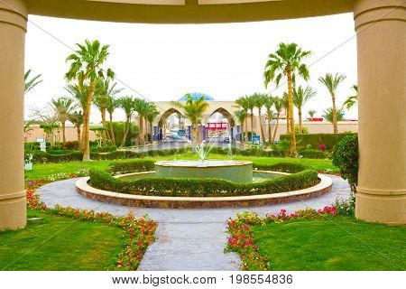 Sharm El Sheikh, Egypt - April 13, 2017: The main entrance to luxury hotel AURORA at Sharm El Sheikh, Egypt on April 13, 2017