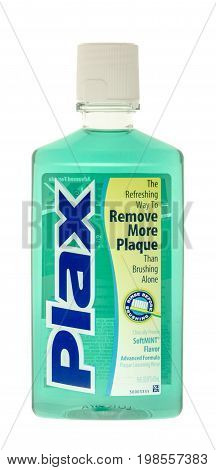 Winneconne WI - 6 August 2017: A bottle of Plax before brushing aid for removing plaque on an isolated background.