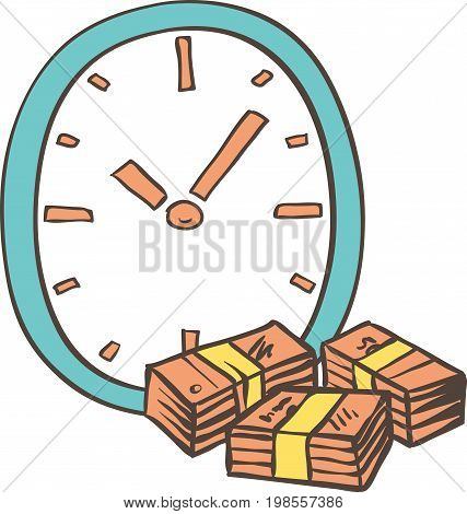 Blue Clock in Doodle Style and Wads Isolated on a White Background