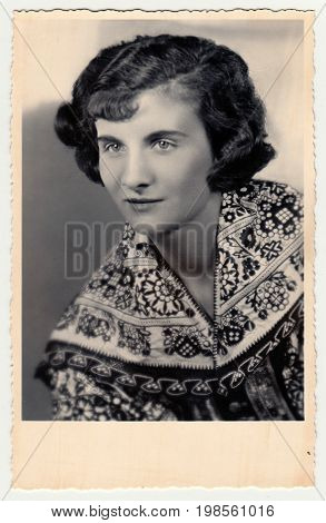 Hodonin, The Czechoslovak Republic - Circa 1920s: Vintage Studio Photo Portrait Shows Woman In A Fol