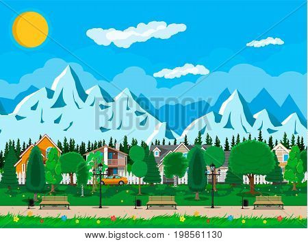 Suburb, wooden bench, street lamp, waste bin in square. Cityscape with buildings and trees. Sky with clouds and sun. Leisure time in summer city park. Mountains. Vector illustration in flat style