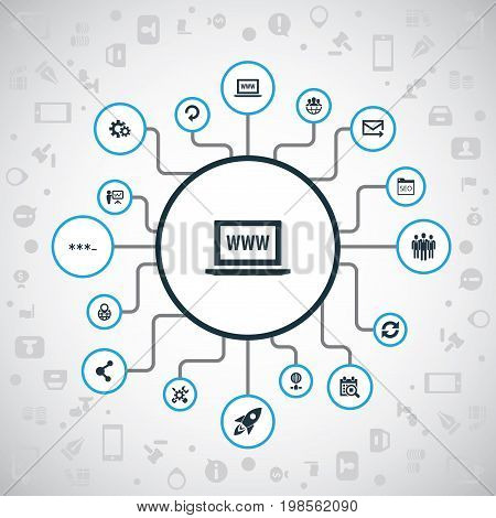 Elements Reload, Setting, Password And Other Synonyms Reroute, SEO And Command.  Vector Illustration Set Of Simple Optimization Icons.