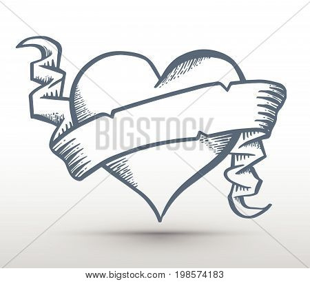 Heart with ribbon drawing banner for love concept valentine and wedding card. Vector illustration.