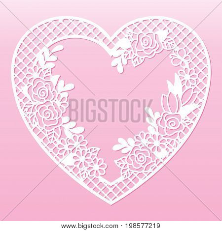 Openwork floral frame in the shape of a heart. Laser cutting template for decoration cards interior decorative elements.