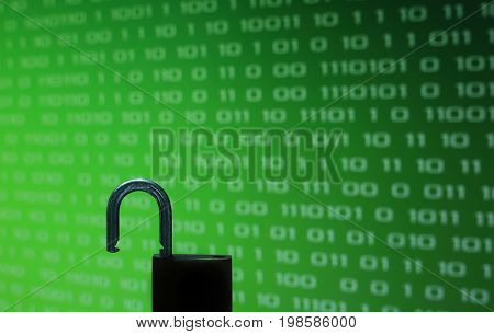Unhacked safe from virus and ransomware. 

Unlock in front of Green binary computer code screen digital concept background on green Screen.