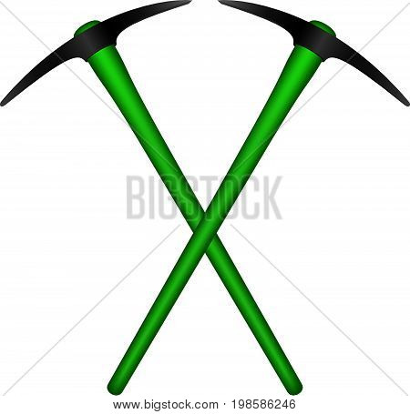 Two crossed mattocks in black design with green handle on white background