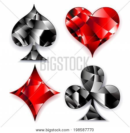 Set of polygonal shiny symbols of playing cards on a white background. Symbols of playing cards heart diamond spade and club.