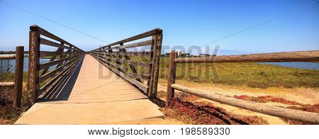 Bridge Along The Peaceful And Tranquil Marsh Of Bolsa Chica Wetlands
