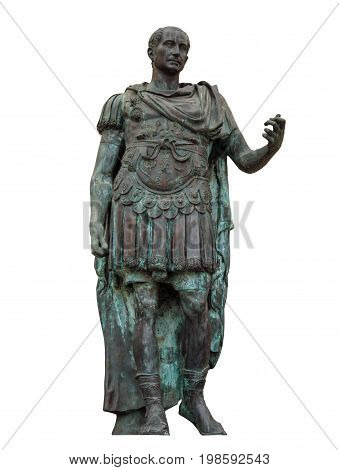 Statue of Gaius Julius Caesar isolated on white in Rimini Italy. Clipping Path included