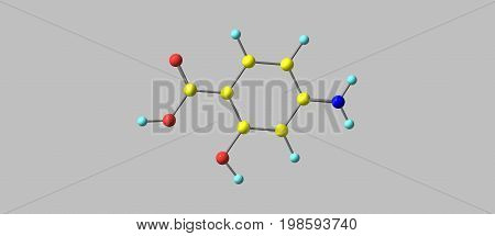 4-Aminosalicylic acid or para-aminosalicylic acid is an antibiotic primarily used to treat tuberculosis. 3d illustration