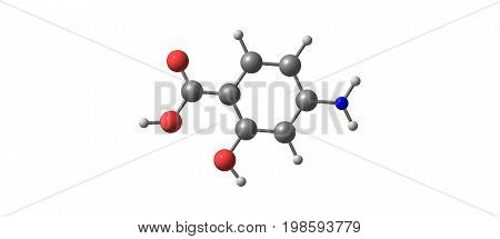 4-Aminosalicylic acid or para-aminosalicylic acid is an antibiotic primarily used to treat tuberculosis. 3d illustration