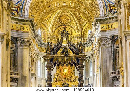 ROME, ITALY - JANUARY 18, 2017 Saint Peter's Basilica Bernini Baldacchino Holy Spirit Dove Vatican Rome Italy. Baldacchino Canopy built in 1600s over altar and St. Peter's tomb
