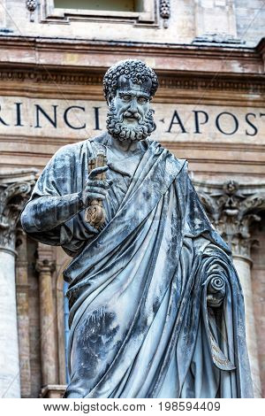 ROME, ITALY - JANUARY 18, 2017 Saint Peter Keys Statue's Basilica Vatican Rome Italy. Statue commissioned in 1847 by Giuseppe De Fabris.