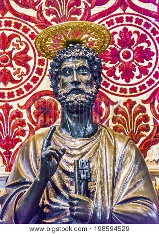 ROME, ITALY - JANUARY 18, 2017 Ancient Saint Peter Keys Bronze Sculpture Statue Saint Peter's Basilica Vatican Rome Italy. Statue from 1200s