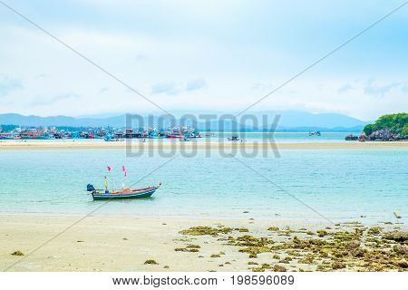 Fishing Boat In Blue Sea At Blue Sky,landscape View Of Sea,summer Concept