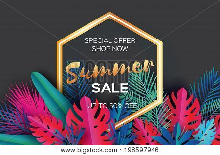 Trendy Summer Sale Template banner. Paper art Tropical palm leaves, plants. Exotic. Hawaiian. Space for text. Hexagon frame. Colorful jungle floral background. Monstera. Vector illustration