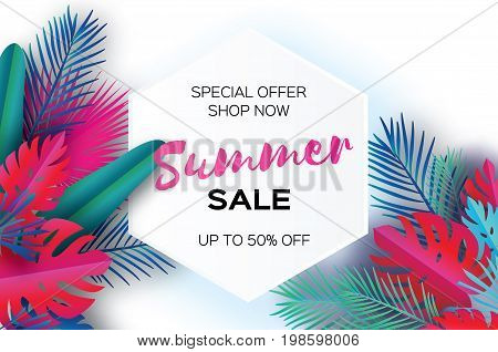 Trendy Summer Sale Template banner. Paper art Tropical palm leaves, plants. Exotic. Hawaiian. Space for text. Hexagon frame. Colorful jungle floral background. Monstera. Vector illustration