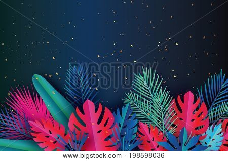 Trendy Summer Template banner. Paper art Tropical palm leaves, plants. Exotic. Hawaiian. Space for text. Colorful jungle floral background. Monstera. Vector illustration