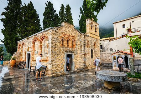 Kera, Crete Island, Greece - June 08, 2017: Unidentified People Visit Ancient Monastery Kera Kardiot