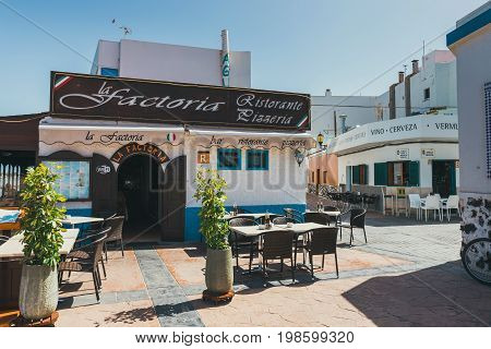 Coralejo, Fuerteventura Island, Spain - April 03, 2017: Street View Of Corralejo With Bars And Resta