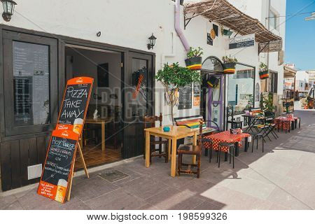 Coralejo, Fuerteventura Island, Spain - April 03, 2017: Street View Of Corralejo With Bars And Resta