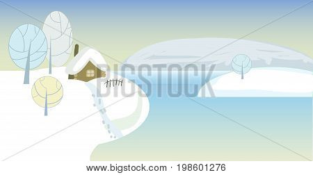 Beautiful countryside winter background with lake. Vector illustration.