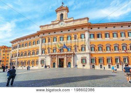 Rome, Italy - May 10, 2017 : Palazzo Montecitorio And Obelisk Of Montecitorio (obelisco Di Montecito