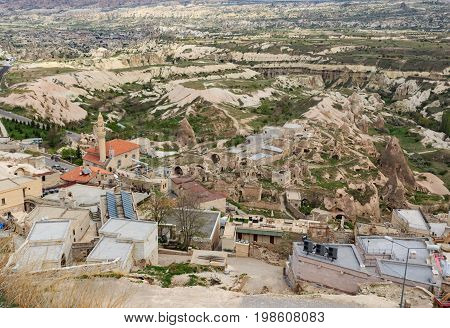View from Uchhisar castle over touristic villages and rock formations