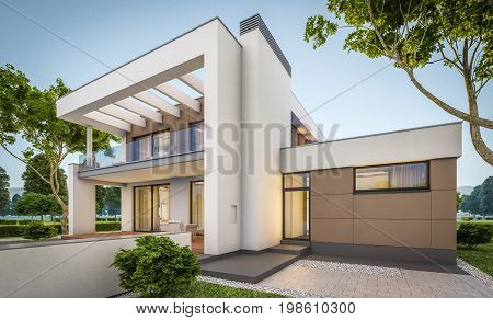 3D Rendering Of Modern House At Evening