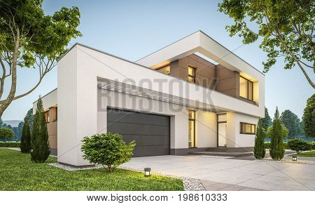 3D Rendering Of Modern House At Evening