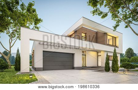 3D Rendering Of Modern House At Evening