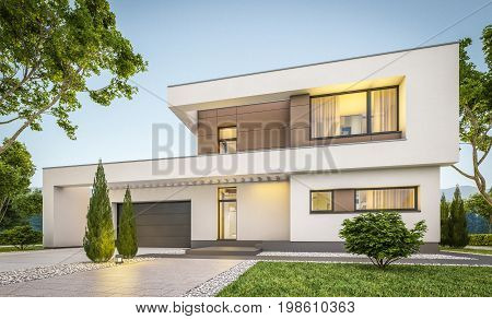 3D Rendering Of Modern House At Evening