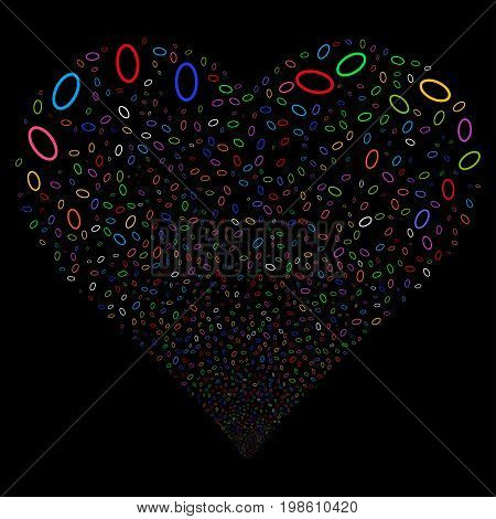 Ellipse Bubble fireworks with heart shape. Vector illustration style is flat bright multicolored iconic symbols on a black background. Object love heart done from scattered design elements.