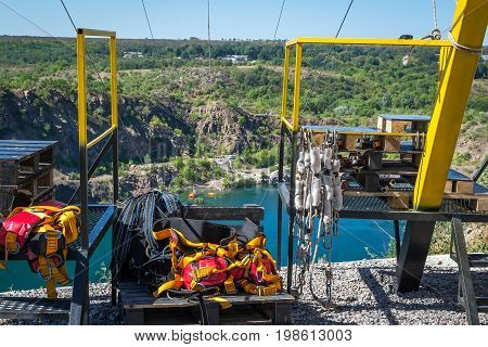 Zipline. Equipment for safe sliding on a steel cable.