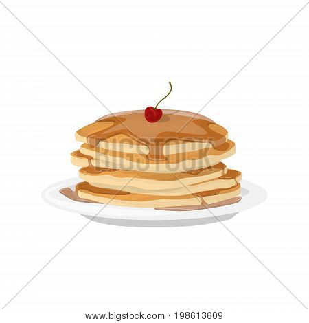 Breakfast pancakes plate. Isolated stack of pancakes with cherry and syrop on white background.
