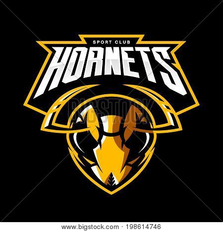 Furious hornet head athletic club vector logo concept isolated on black background. 
Modern sport team mascot badge design. Premium quality wild insect emblem t-shirt tee print illustration.