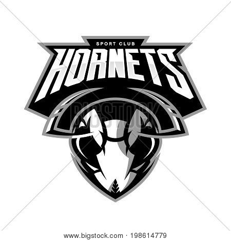 Furious hornet head athletic club vector logo concept isolated on white background. 
Modern sport team mascot badge design. Premium quality wild insect emblem t-shirt tee print illustration.