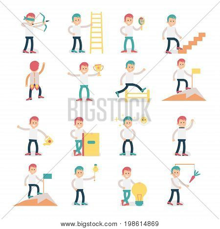 Cartoon character illustrating various activities and psychological terms, setting and successful achievemnt of goals, personal growth and devlopment.