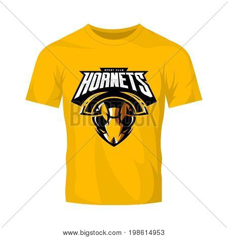 Furious hornet head athletic club vector logo concept isolated on orange t-shirt mockup. 
Modern sport team mascot badge design. Premium quality wild insect emblem t-shirt tee print illustration.