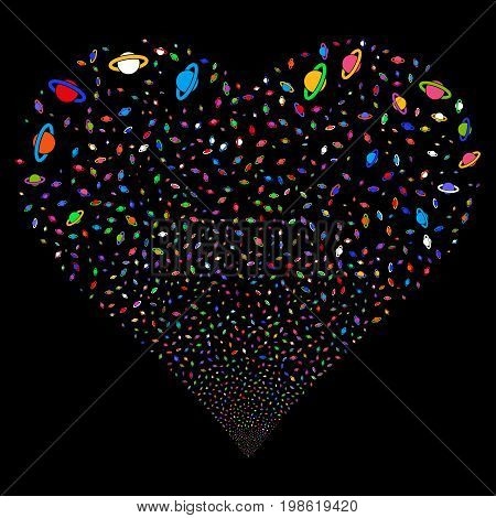 Planet Saturn fireworks with heart shape. Vector illustration style is flat bright multicolored iconic symbols on a black background. Object valentine heart combined from scattered symbols.