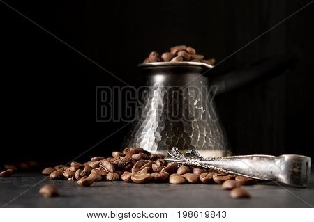 Italian Coffee Grains In Turk. Delicious Aromatic Drink. Dark Ba