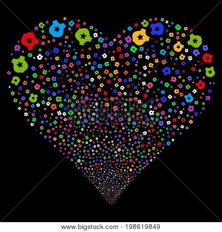 Police fireworks with heart shape. Vector illustration style is flat bright multicolored iconic symbols on a black background. Object love heart combined from scattered symbols.