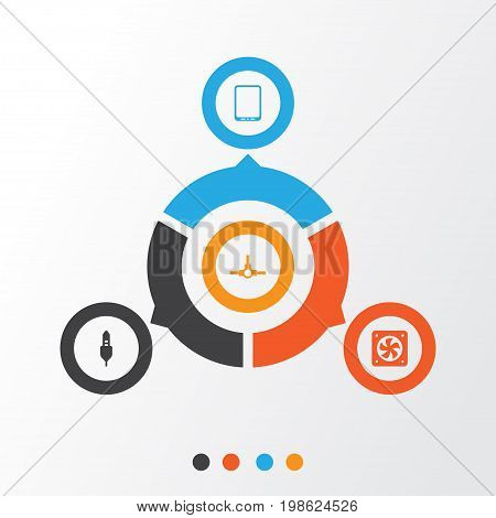 Hardware Icons Set. Collection Of Cellphone, Aux Cord, Computer Ventilation And Other Elements
