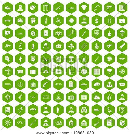 100 antiterrorism icons set in green hexagon isolated vector illustration
