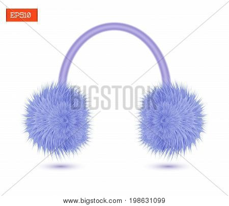 Realistic furry winter headphones purple color isolated on white. Vector illustration