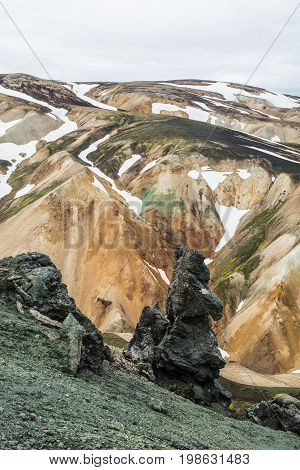 View on the beautifully colored mountain, volcano Blahnukur, Iceland.