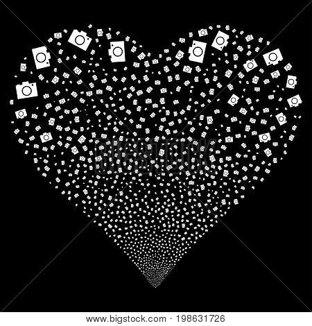 Camera fireworks with heart shape. Vector illustration style is flat white iconic symbols on a black background. Object love heart combined from scattered pictographs.